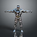 Shiny Silver Muscular Robot With Metallic Armor Standing Pose Arms Outstretched Joint Details