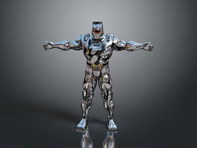 Shiny Silver Muscular Robot With Metallic Armor Standing Pose Arms Outstretched Joint Details 3d model