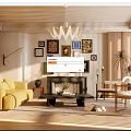 Warm Living Room Interior With Yellow Sofa Framed Pictures Fireplace Chandelier And Plants