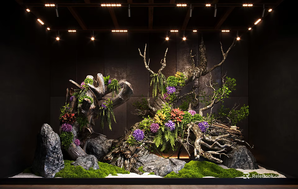 Decorative Natural Arrangement With Driftwood Green Plants Colorful Flowers Rocks And Moss 3d model 