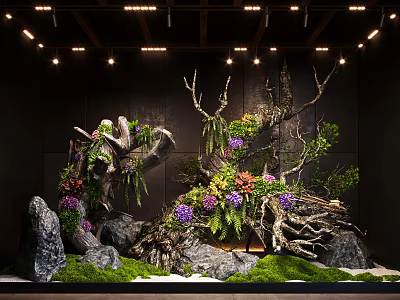 Decorative Natural Arrangement With Driftwood Green Plants Colorful Flowers Rocks And Moss 3d model