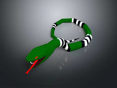 Green Snake with Black White Stripes Open Mouth and Red Tongue on Gray Background 3d model