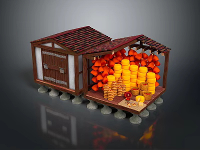 Wooden House Market Stall With Red Tile Roof Orange Fruits Yellow Stacks And Small Items 3d model