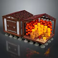 Wooden House Market Stall With Red Tile Roof Orange Fruits Yellow Stacks And Small Items