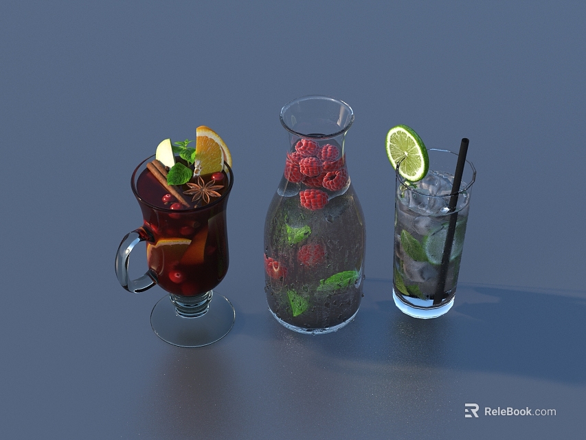 Refreshing Beverages With Lemon Mint Raspberries In Hot Cold Mug Glass And Pitcher 3d model 