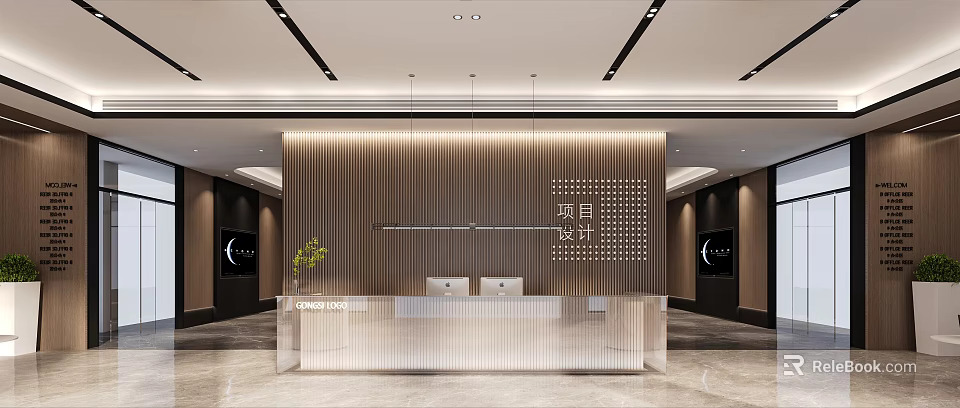 Modern Reception Area Interior Design With Wooden Wall Hanging Lights Glass Desk And Marble Floor 3d model 