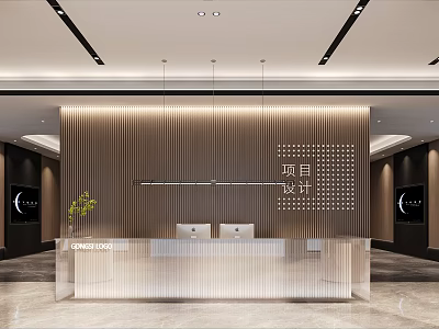 Modern Reception Area Interior Design With Wooden Wall Hanging Lights Glass Desk And Marble Floor 3d model