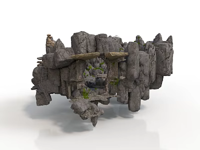Natural Rock Cave Architecture With Embedded Greenery And Stone Platforms 3d model