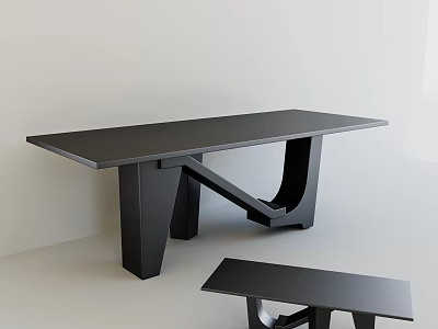 Modern Black Desk With Unique Geometric Leg Design And Matching Bench 3d model
