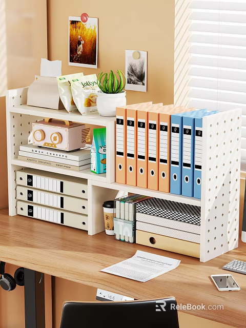 Home Office Perforated Shelf With Colored Binders Potted Plant Books Drawers And Coffee Cup 3d model 