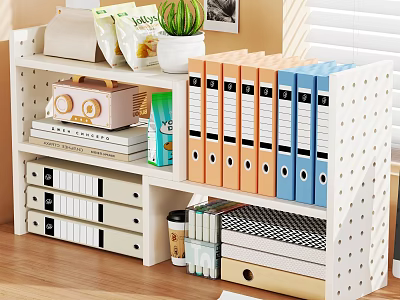 Home Office Perforated Shelf With Colored Binders Potted Plant Books Drawers And Coffee Cup 3d model