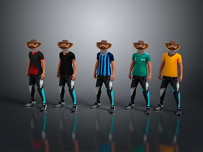 Five Men Wearing Cowboy Hats With Various Colored Shirts And Black Blue Striped Pants 3d model