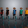 Five Men Wearing Cowboy Hats With Various Colored Shirts And Black Blue Striped Pants