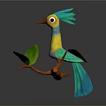 Vibrant Colorful Cartoon Parrot Perched On Orange Branch With Green Leaves