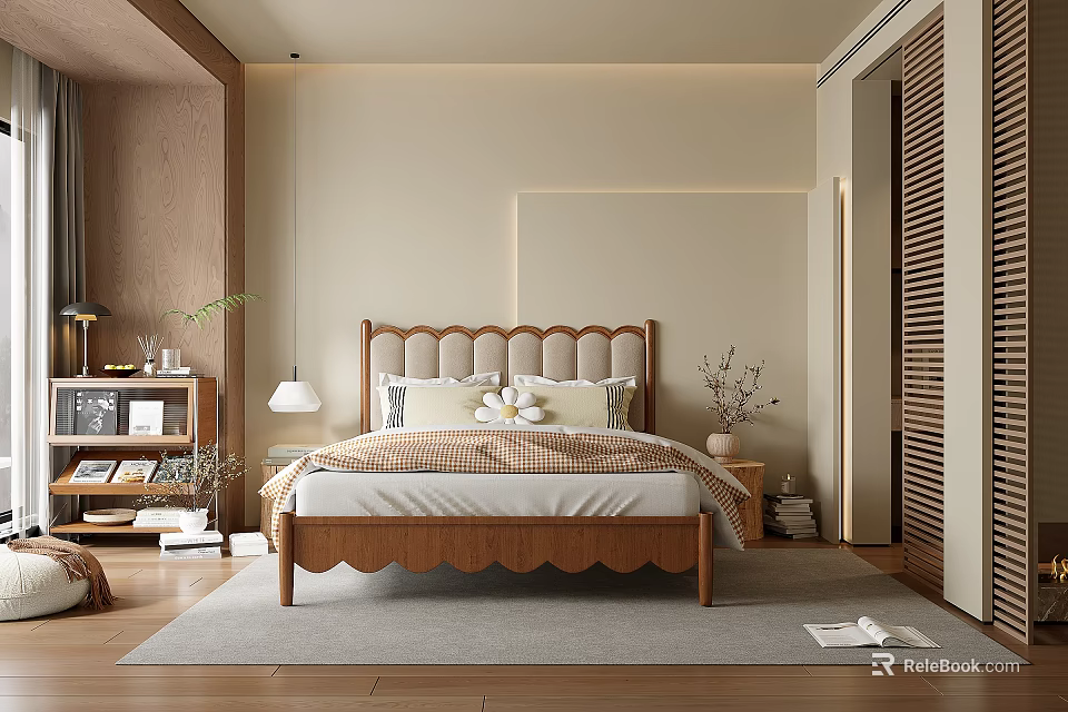 Cozy Bedroom Interior With Tufted Headboard Decorative Pillows Nightstand Lamp Potted Plant And Area Rug 3d model 