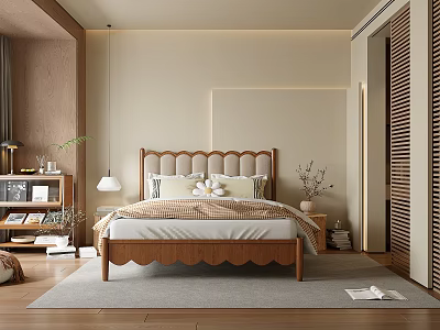 Cozy Bedroom Interior With Tufted Headboard Decorative Pillows Nightstand Lamp Potted Plant And Area Rug 3d model