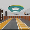 Indoor Children's Sports Center Fitness Space With Colorful Floor Tracks And Striped Walls
