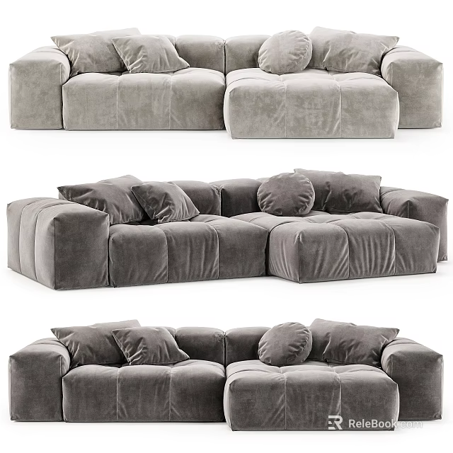 Modern Gray Velvet Sectional Sofa with Comfortable Cushions for Living Room 3d model 