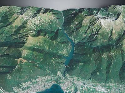 Mountainous Terrain With Lush Green Vegetation Blue Water Body Valley And Topographic Details 3d model