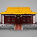 Traditional Chinese Ancient Architecture With Yellow Roof Red Pillars Red Doors And White Railings