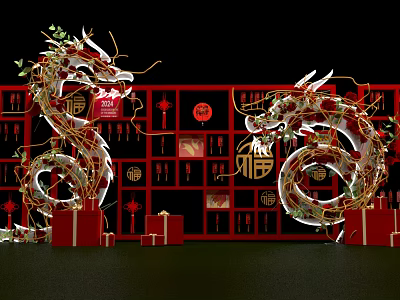 Chinese Dragon Decorations With Red Gold Fu Character Lanterns And Traditional 3d model