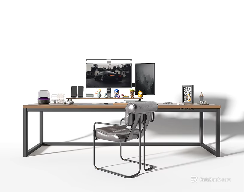 Modern Wooden Desk With Black Metal Frame Dual Monitors Lamp And Gray Chair 3d model 