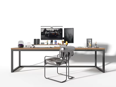Modern Wooden Desk With Black Metal Frame Dual Monitors Lamp And Gray Chair 3d model