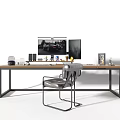 Modern Wooden Desk With Black Metal Frame Dual Monitors Lamp And Gray Chair