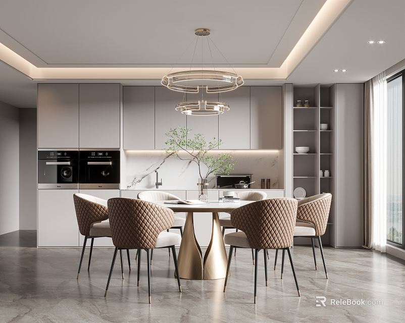 Elegant Modern Restaurant Interior With Round Table Woven Chairs Gold Base Gray Cabinets And Chandelier 3d model 