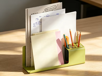 Green Office Folder Organizing Papers Notebooks With Colored Pencils On Desk 3d model