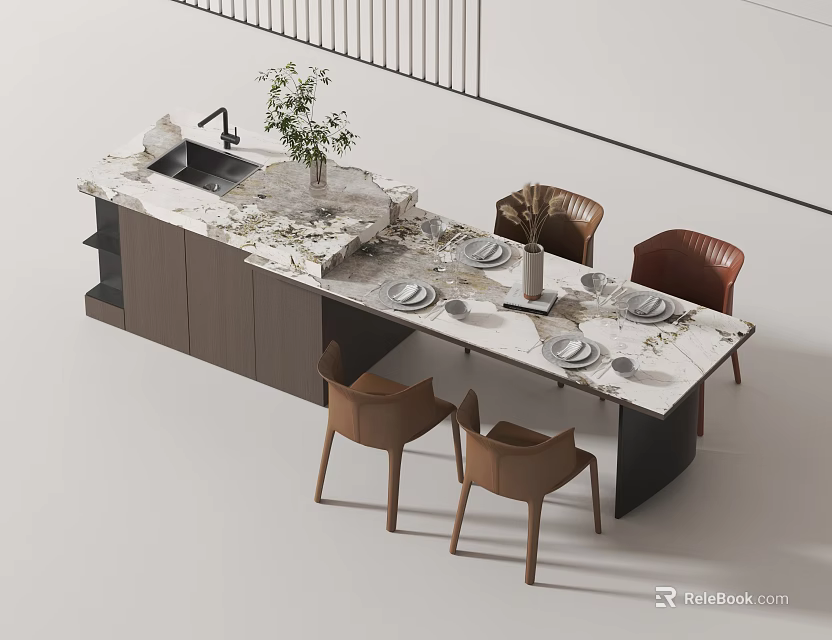 Modern Bar Counter Interior with Marble Top Sink Brown Dining Chairs Tableware and Vase 3d model 