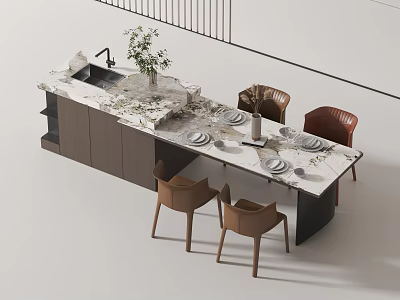 Modern Bar Counter Interior with Marble Top Sink Brown Dining Chairs Tableware and Vase 3d model