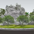 Large Stone Sculpture Landscape With Green Trees And Surrounding Lighting