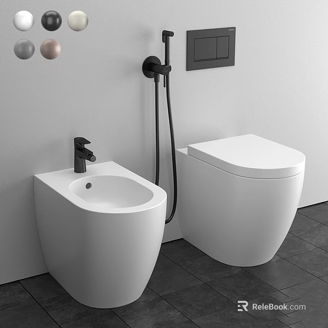 White Modern Toilet and Bidet with Black Faucet and Shower in Minimalist Bathroom Interior 3d model 