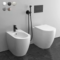 White Modern Toilet and Bidet with Black Faucet and Shower in Minimalist Bathroom Interior