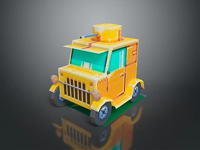 Yellow Cartoon Style Tank Model With Green Windows Block Turret And Dark Background Reflection 3d model