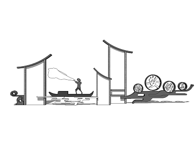 Traditional Landscape Wall Design With Water Feature Stone Lanterns Stepped Structure and Boat Figure 3d model