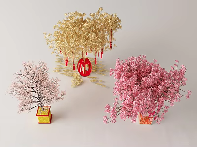Decorative Trees Featuring Golden Pink Blossoms Red Lanterns and Colored Pots 3d model