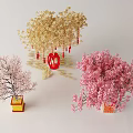 Decorative Trees Featuring Golden Pink Blossoms Red Lanterns and Colored Pots