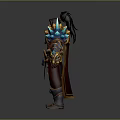 Fantasy Man In Red Robe With Black Topknot Blue Glowing Shoulders And Golden Arm Armor