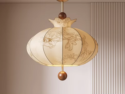 Traditional Chinese Lantern Pendant Light with Intricate Peony Patterns and Ivory Shade 3d model