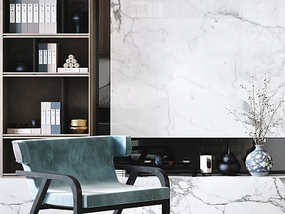 Teal Velvet Leisure Chair With Black Frame In Modern Interior Featuring Marble Wall And Decorative Bookshelf 3d model