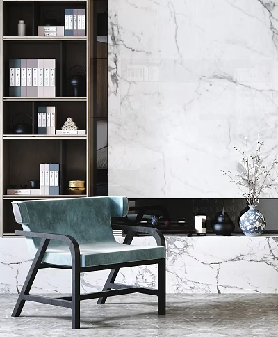 Teal Velvet Leisure Chair With Black Frame In Modern Interior Featuring Marble Wall And Decorative Bookshelf 3d model