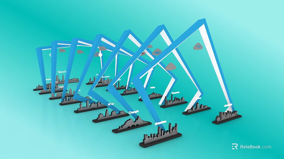Blue Mechanical Structures Arranged in Row With City Silhouettes and Light Blue Background 3d model