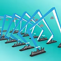 Blue Mechanical Structures Arranged in Row With City Silhouettes and Light Blue Background 3d model