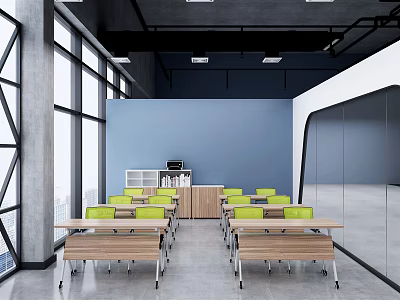 Modern Conference Room With Blue Walls Large Windows Wooden Tables And Green Chairs 3d model