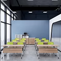 Modern Conference Room With Blue Walls Large Windows Wooden Tables And Green Chairs