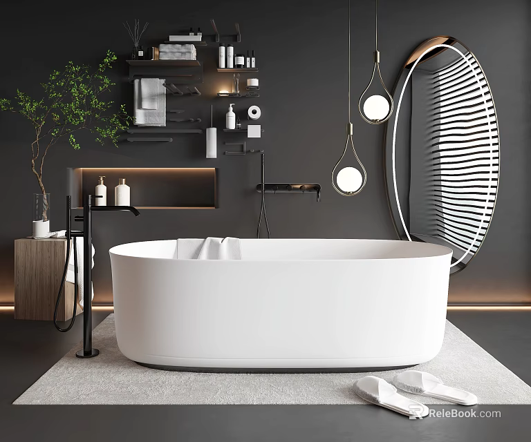Modern Freestanding White Bathtub in Dark Bathroom with Mirror Green Plants Pendant Lights and Slippers 3d model 