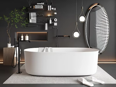 Modern Freestanding White Bathtub in Dark Bathroom with Mirror Green Plants Pendant Lights and Slippers 3d model