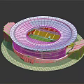 Modern Circular Stadium Design With Red Seats Green Field And White Rim